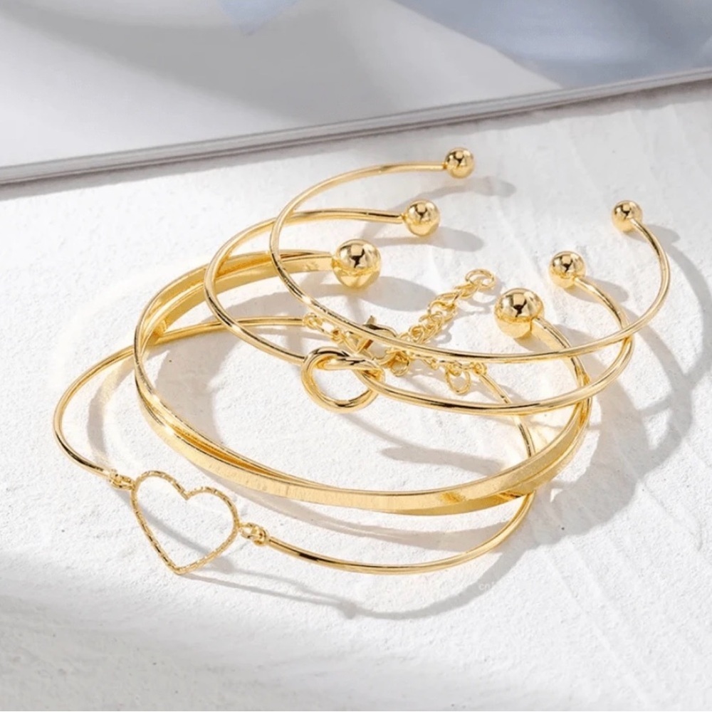Set of 4 Stackable Gold Bracelets, Love Knot Bracelets and Heart boho jewelry - Picture 4 of 6